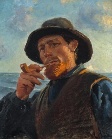 Fischer mit rotem Bart, der am Strand eine Pfeife raucht