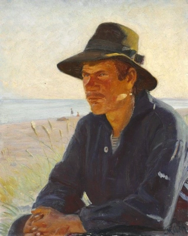 スカーゲンビーチで帽子をかぶった漁師 1897