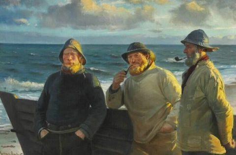 Fishermen From Skagen Standing On The Beach In The Evening Sun