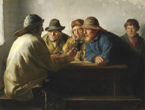 テーブルの周りに座って酒を飲む漁師たち 1886