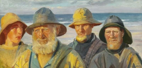 Fire fiskere står i solskinnet på Skagenstranden 1898