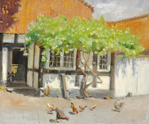 Aus einem Hof in Skagen Ein Sommertag mit pickenden Hühnern 1910