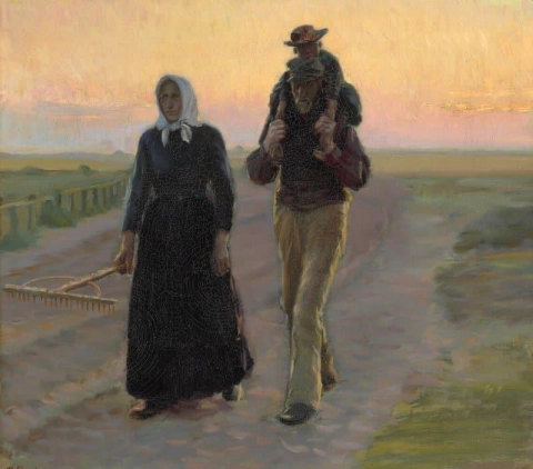 Høstarbeidere på vei hjem i solnedgangen