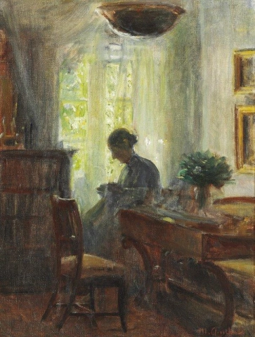 Interieur aus dem Haus des Künstlers. Anna Ancher bei ihrer Handarbeit