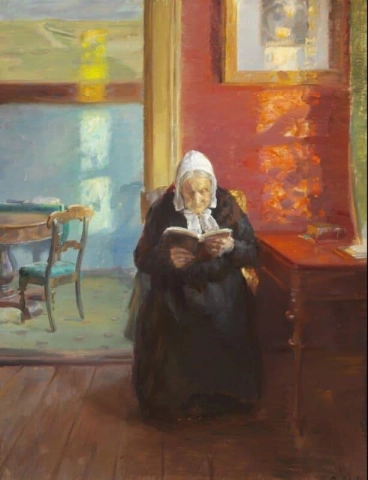 アーティストの母親 Ane Br Ndum Reading と赤い部屋のインテリア 1910