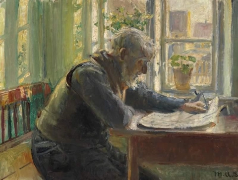 Interiör med en man som läser tidningen 1918