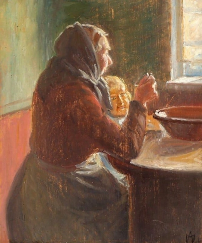 Interior com uma mulher e uma criança 1916