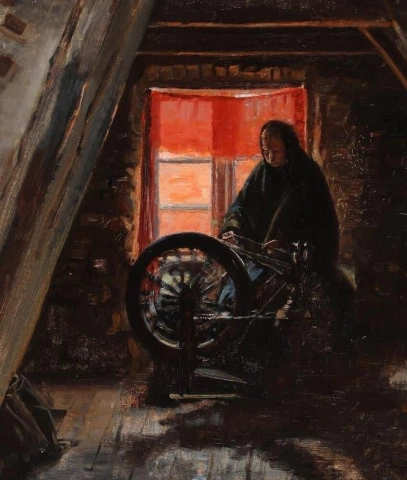Interior com uma mulher perto de uma roda giratória