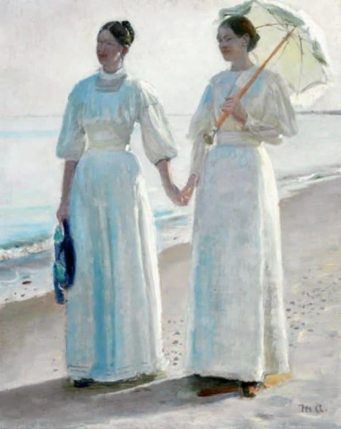 Minne och Sophie Holst i ljusa sommarklänningar på Skagen Beach 1896