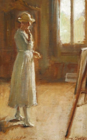 Fröken Wenck i studion inspekterar en målning på staffliet - Kanske är det ett porträtt av henne själv