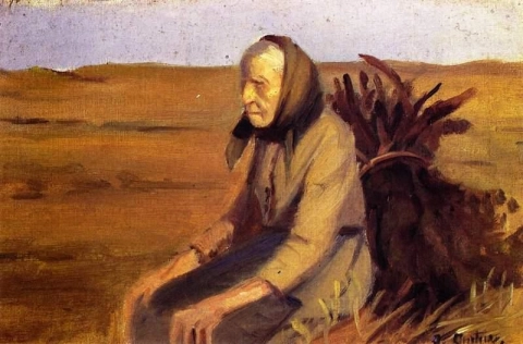 Gammal kvinna med bunt av buskved ca 1903