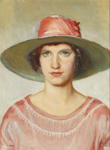 一个穿着粉红色连衣裙、戴着草帽、系着粉红丝带的女孩的肖像