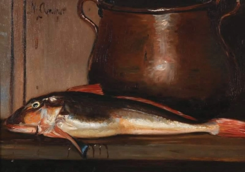 静物画，桌上有一条鳕鱼和一个铜水壶