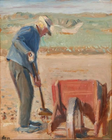 De visser Ole Markstr M aan het werk op het strand van Skagen, Denemarken, 1919