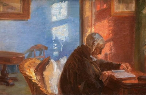 La madre del pittore, la signora Br Ndum, nel salotto blu