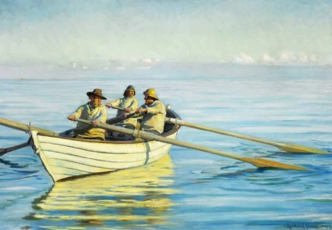 海で手漕ぎボートに乗る 3 人の漁師。正面の漁師と救助者オーレ・スヴェンセン 1894