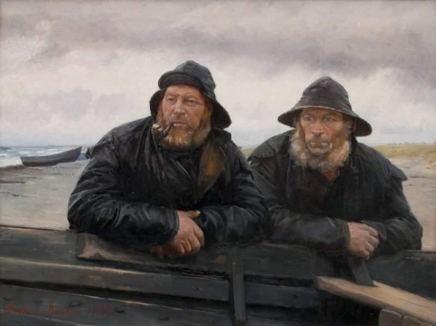 Twee vissers bij een boot