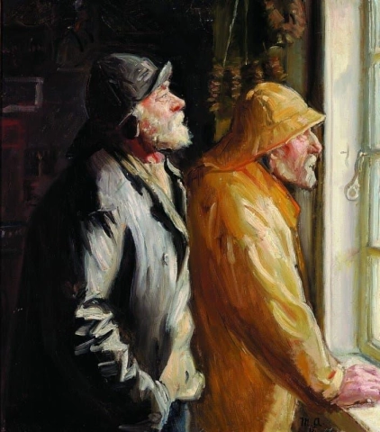 Twee vissers uit Skagen bij het raam in de kruidenierswinkel