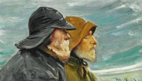 Dois pescadores de Skagen em um dia frio de inverno, por volta de 1915