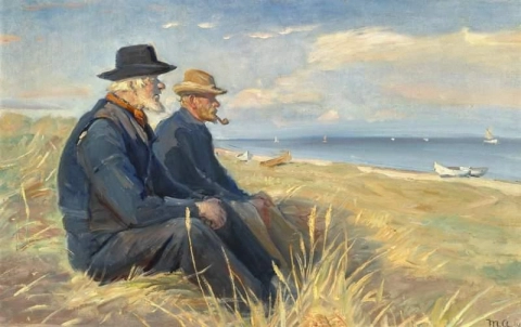 Två fiskare från Skagen sitter i eftermiddagssolen i sanddynerna på Skagen Beach 1910