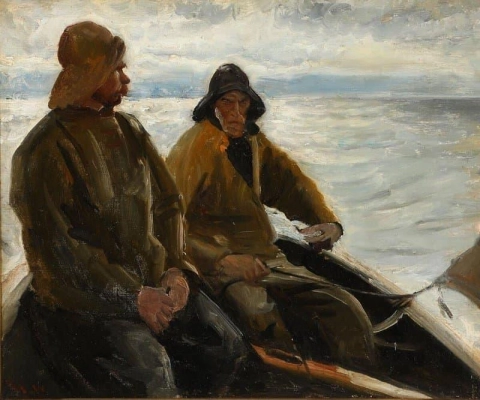 Due pescatori di Skagen in una barca a remi al crepuscolo