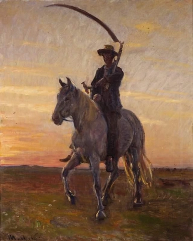 Jovem Harvester cavalgando para casa
