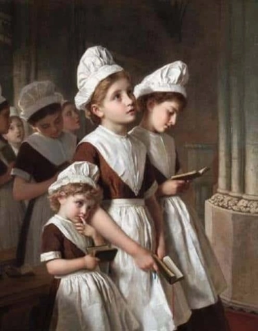 Vondelingenmeisjes in hun schooljurken tijdens gebed in de kapel, ca. 1855