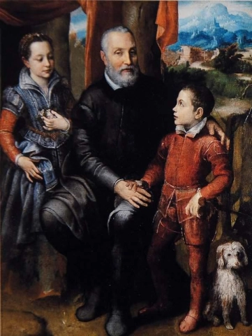 Portret van de familie van de kunstenaar, haar vader Amilcare, zuster Minerva en broer Asdrubale, 1557-58