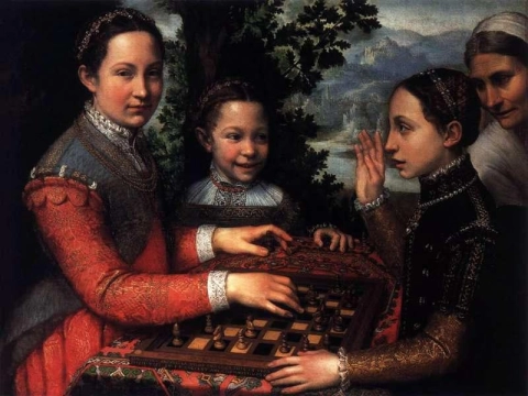 Retrato das irmãs do artista jogando xadrez