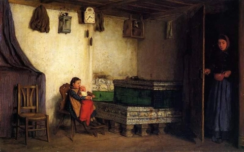Un interior con madre e hijos hacia 1870-77