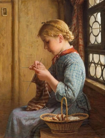 Girl Knitting By A Window