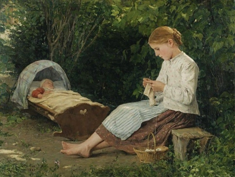 Stickande flicka som tittar på småbarnet i en vagga 1885