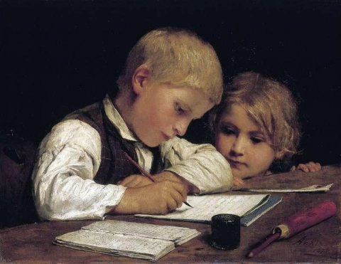 Schreibender Knabe Mit Schwesterchen 1875
