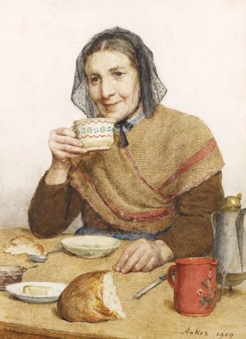 Sittande bondkvinna som håller en kopp i handen
