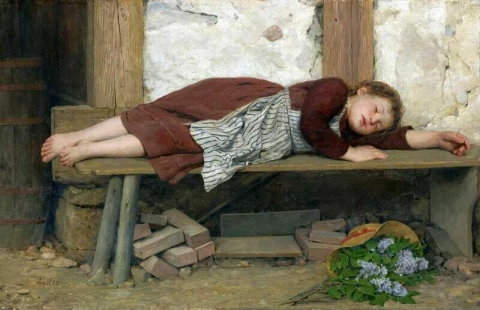Slapend meisje op een houten bank
