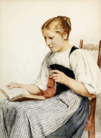 Strickendes Mädchen beim Lesen 1907