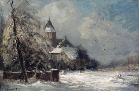 Uma igreja em uma paisagem coberta de neve