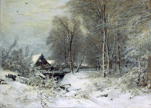 Een huisje in een besneeuwd landschap