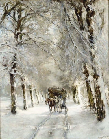Um cavalo e uma carruagem em uma pista nevada