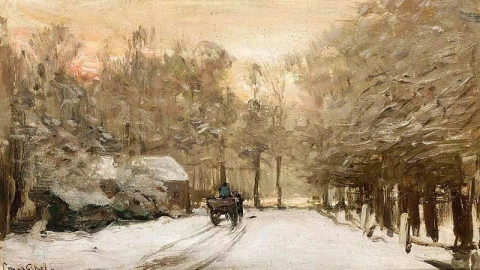 Hevonen ja kärryt lumisessa maisemassa