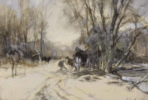 Hevonen ja kärryt lumen peittämässä maisemassa