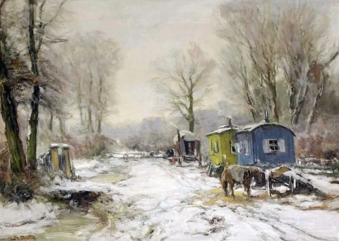 A Snow Covered Forest With Fair Wagons And A Horse Along A Path