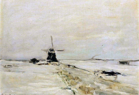 Een windmolen in een besneeuwd landschap 1