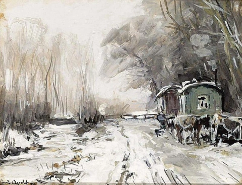 A Winter Landscape With Horses And Wagons Along A Road