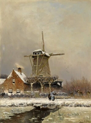 Figuren durch eine Windmühle in einer schneebedeckten Landschaft