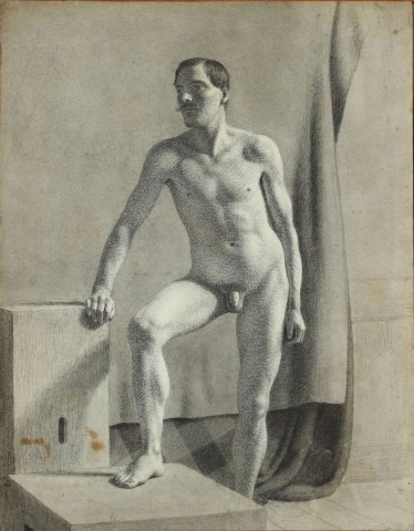 Akademitegning av en stående mannlig naken 1855