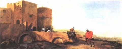 Cavaleiros de Aselyn Jan galopando em direção ao portão de um castelo