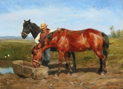 Un granjero dando de beber a sus caballos 1879