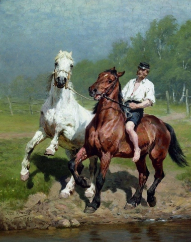 Работник едет на двух лошадях на водопой