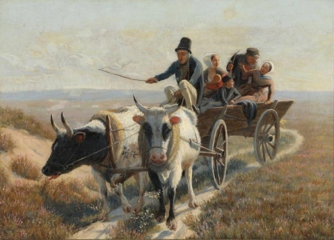 Heidelandschaft mit einer Familie in einem Ochsenkarren 1863